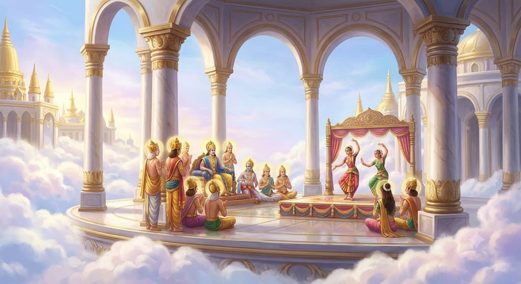 Indra lived in a bright cloud palace high above the earth. He and the other gods laughed and watched a joyful play together.