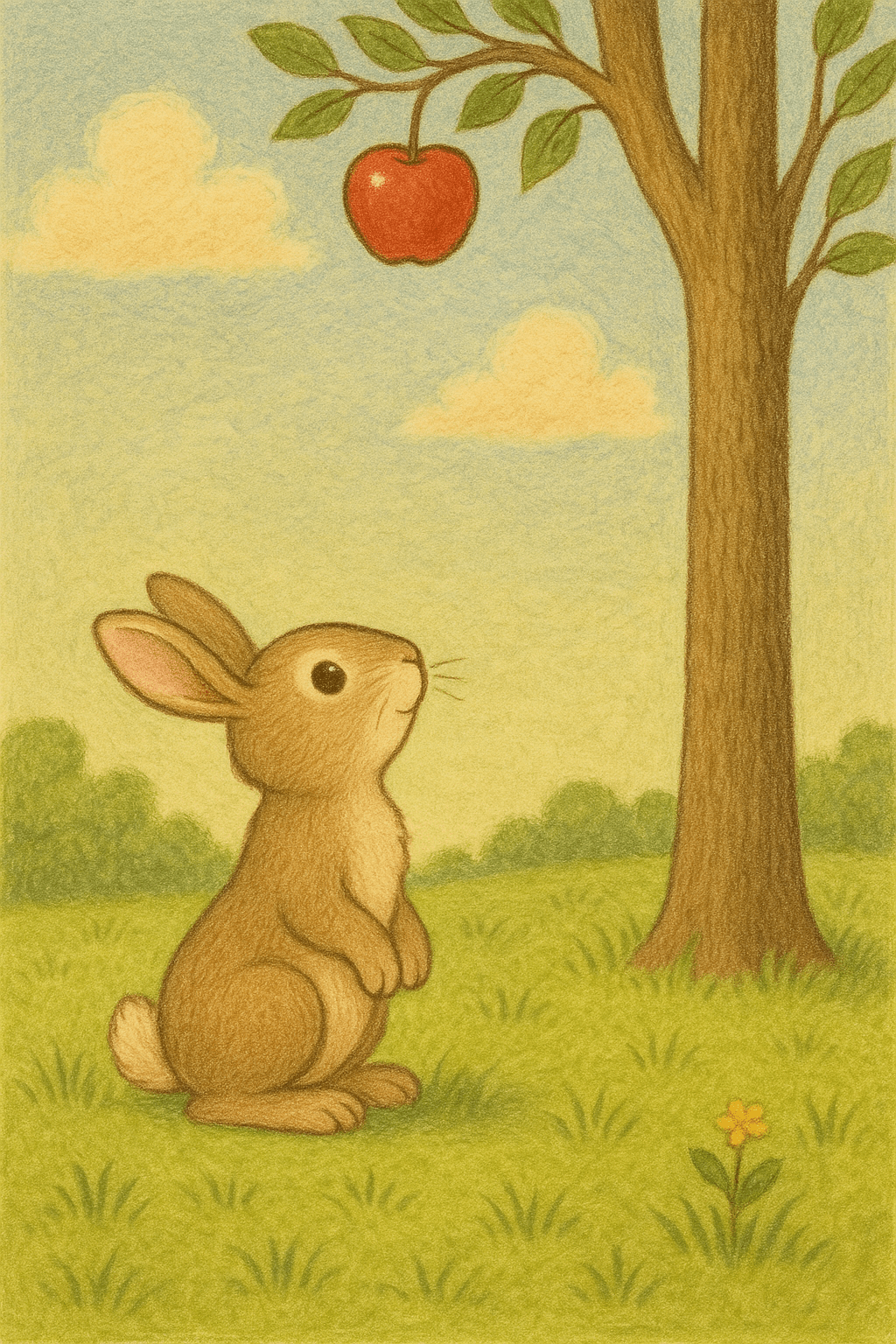 Benny the Bunny loved to hop around the meadow. One sunny morning, he saw a big, tall tree with a shiny red apple on top. "I want that apple!" Benny said happily.