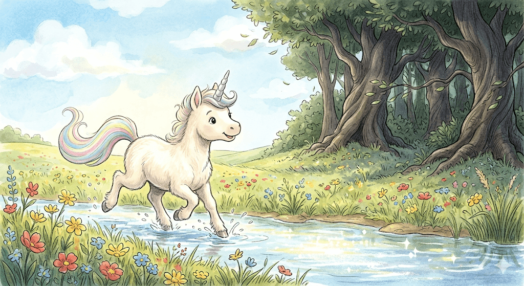Luna was a little unicorn with a silver horn and a rainbow tail. She loved running through flower meadows and splashing in sparkling streams. But there was one place she always avoided—the Whispering Woods. The trees there swayed and rustled, making strange sounds that made Luna's tummy feel wiggly.