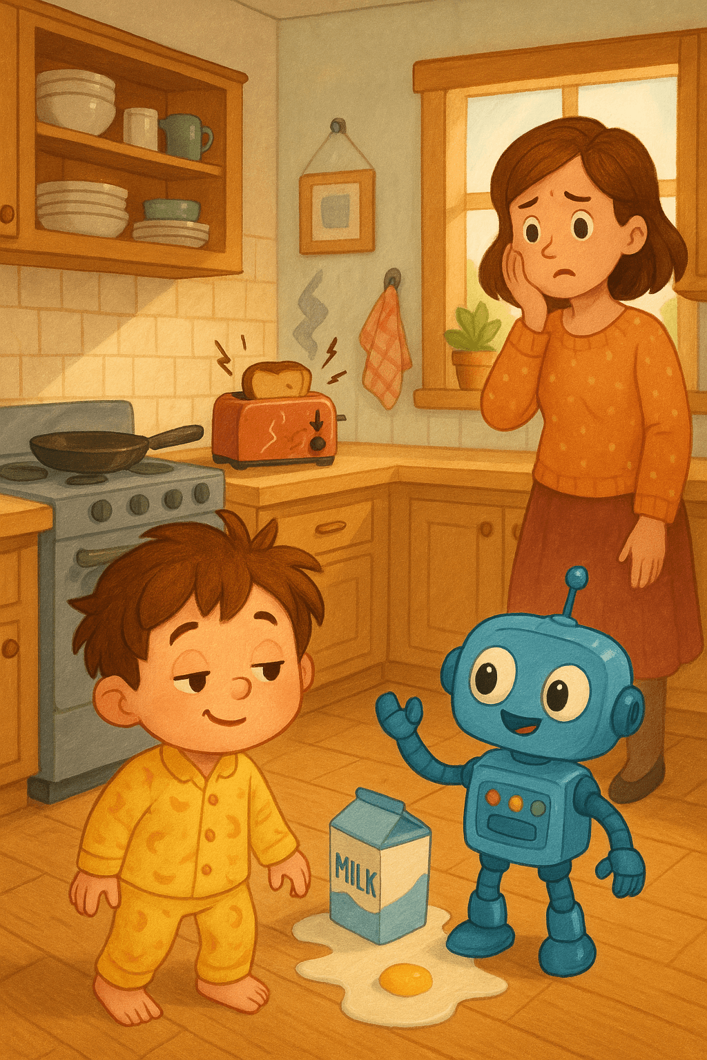 **The Sleepy Morning**** - **Max woke up excited for pancake breakfast! But in the kitchen, Mom looked worried. The toaster was broken, the milk was spilled, and the eggs were missing!
Robo, Max’s friendly blue robot, beeped, “Let’s help!”