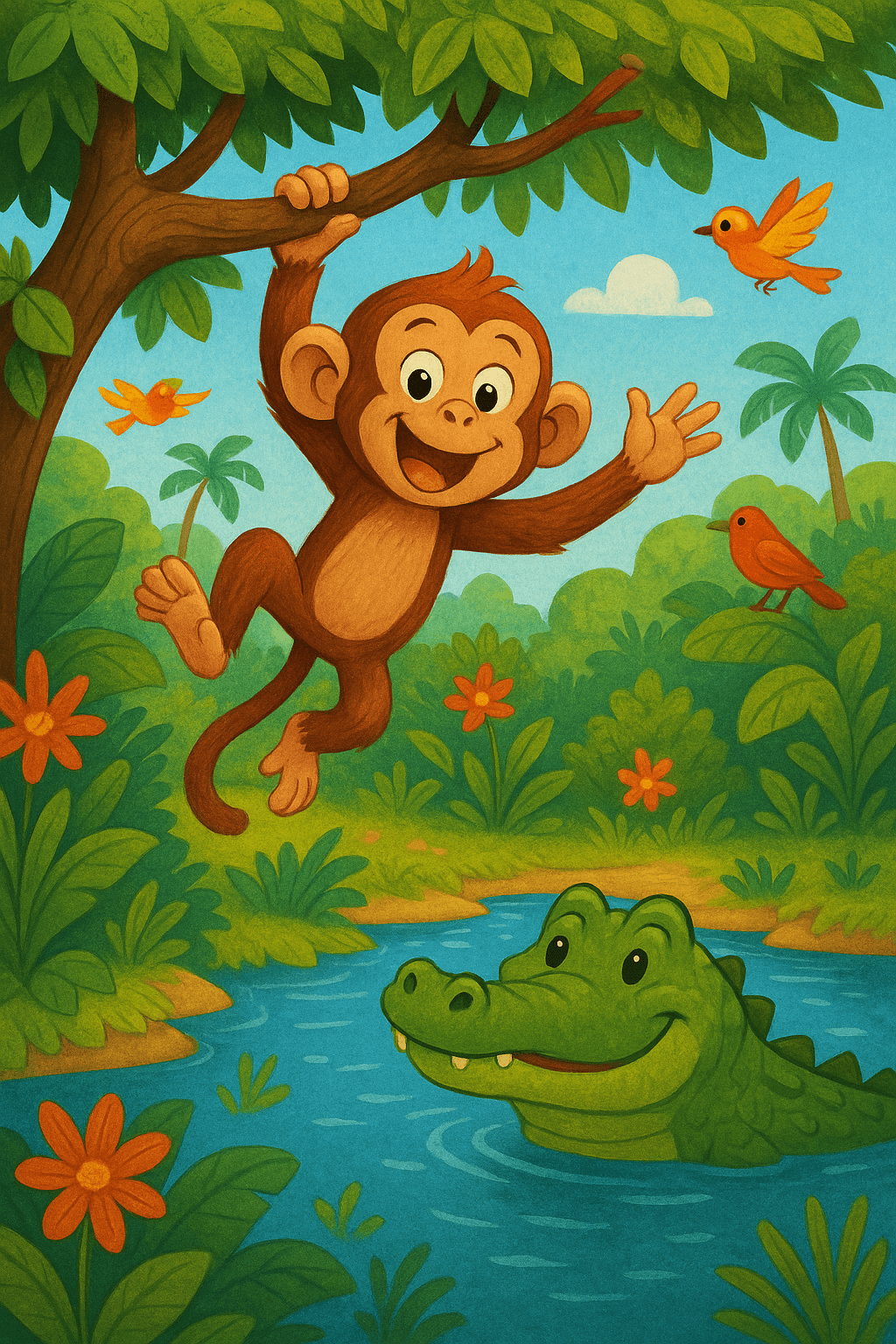 Once upon a time, in a bright, leafy jungle, lived a cheeky monkey named Momo. Momo loved swinging from tree to tree, making silly faces, and telling jokes to all his friends.
One sunny morning, Momo spotted something strange in the river below—a big, bumpy log with eyes! But wait, that wasn’t a log at all. It was Crocky the crocodile, who loved to float and nap in the sun.
“Hey, Crocky!” called Momo. “Why did the banana go to the doctor?”
Crocky blinked sleepily. “I don’t know, why?”
“Because it wasn’t peeling well!” Momo giggled, and Crocky couldn’t help but smile