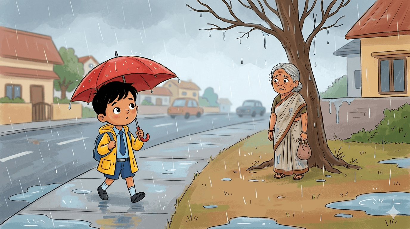 One rainy afternoon, Aarav was walking home from school with his umbrella. As he walked, he saw an old woman standing under a tree. She looked worried because she had no umbrella.