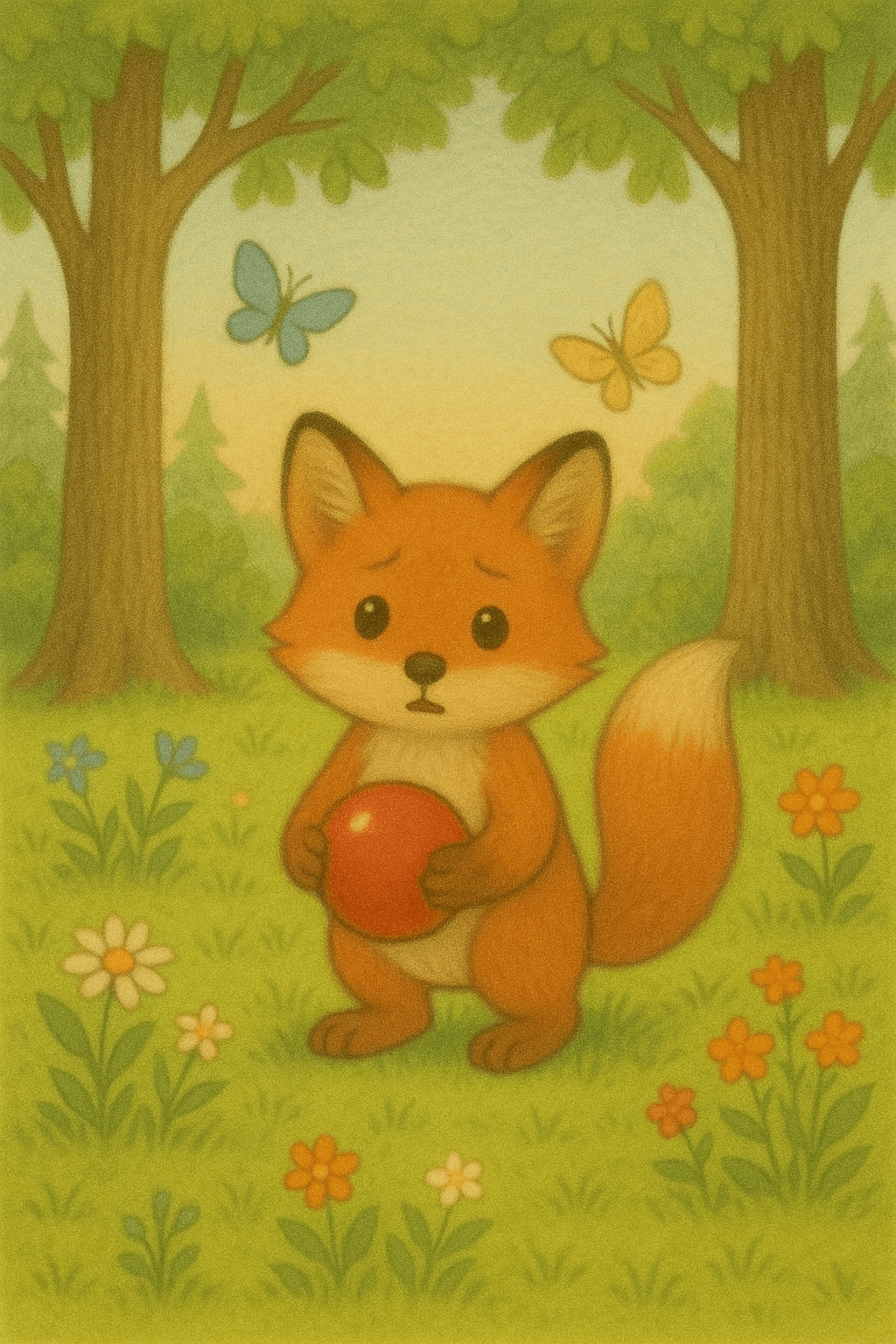 In a cozy forest, there was a little fox named Felix. Felix loved to explore and play all day long. One sunny morning, Felix found a shiny red ball. It was his favorite toy! But suddenly, Felix realized the ball was missing. Oh no! He wanted to find it quickly so he could keep playing.