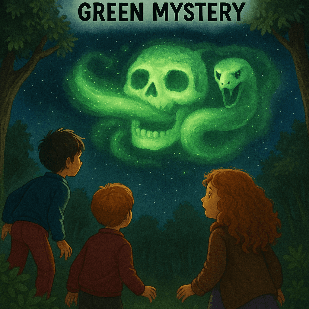 One starry night, three best friends—Harry Potter, Ron Weasley, and Hermione Granger—were walking through the Whispering Woods. Suddenly, they saw something glowing in the sky. It looked like a big, green skull with a snake coming out of it!
“Is that a monster?” Ron whispered.
“No,” said Hermione. “It looks like a sign… a magical one!”