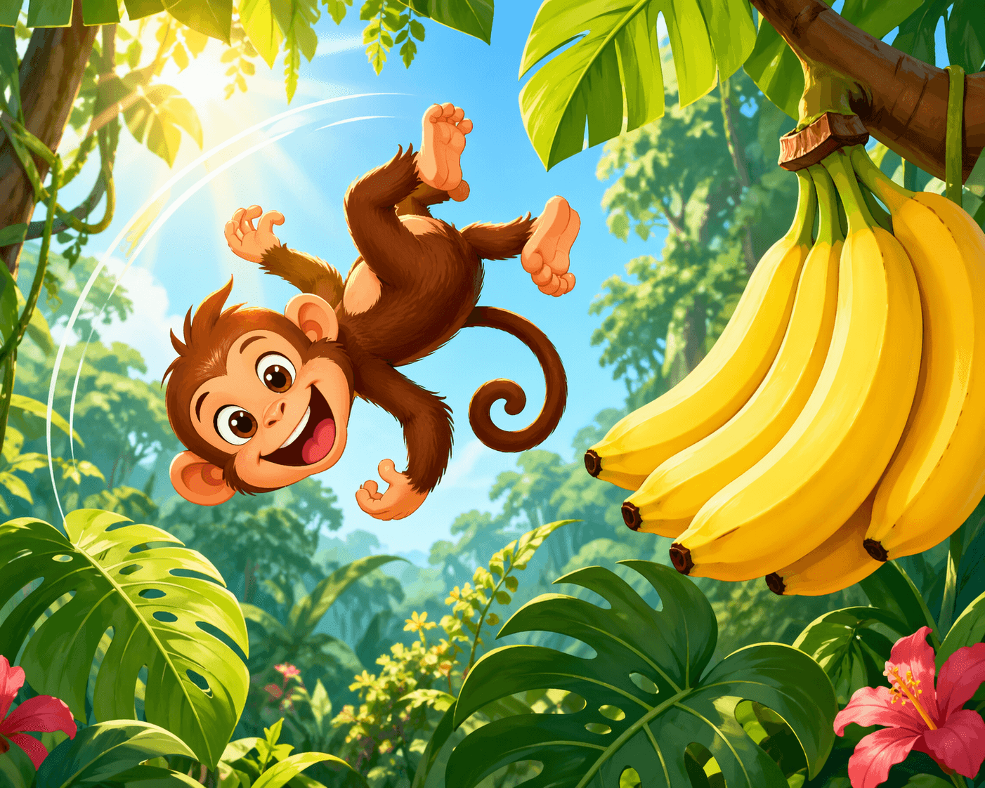 Once upon a time, in a jungle where the leaves were as green as emeralds, lived a little monkey named Milo. Milo loved two things: doing backflips and eating yellow, curvy bananas.
