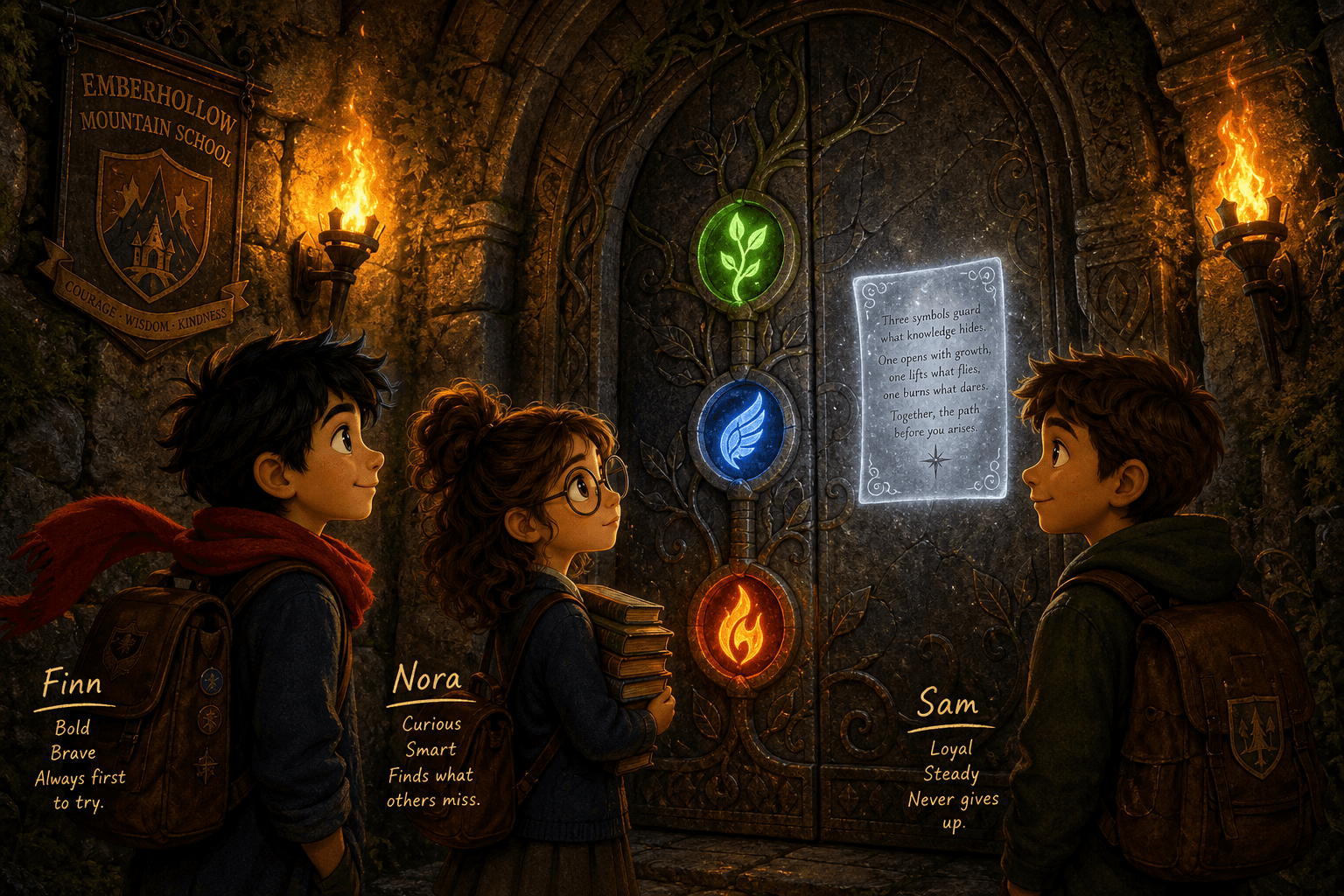 Finn, Nora, and Sam were the best of friends at Starwell Academy, a school for young wizards tucked inside a hollow mountain. Finn was bold and quick, Nora knew every spell in every book, and Sam was the kind of friend who never, ever gave up on you. One stormy evening, the three of them discovered a door at the very bottom of the school that had never been there before.
The door had three locks, each shaped differently — a vine, a wing, and a flame. A note was pinned to it in silver ink: "Only those who are brave, wise, and true may pass. What lies beyond must be kept safe tonight.”