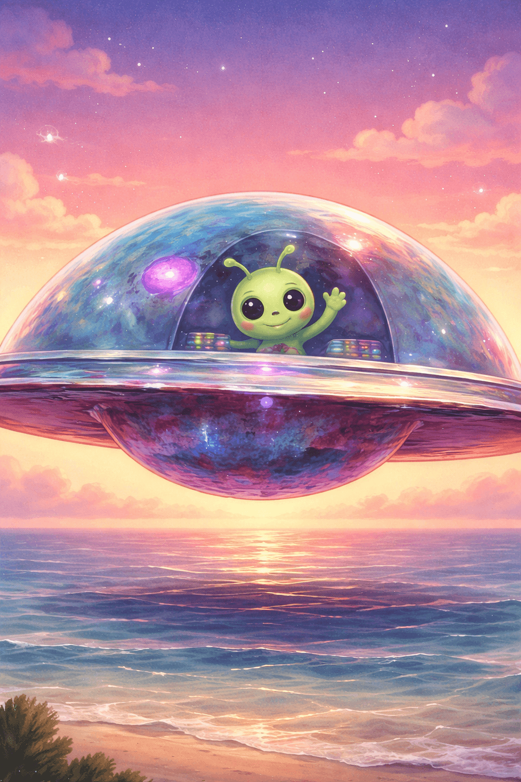 High above a quiet, shiny sea floated a magical round starship that looked like a glowing bubble. Inside lived a small smiling alien named Zuzu ***👽***. Zuzu loved to wave at the stars and hum happy songs, but sometimes, Zuzu felt a little lonely drifting all alone.